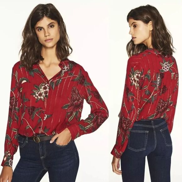 NWT ba&sh Petunia Floral-Print Metallic Jacquard Shirt in Rouge - Picture 2 of 12